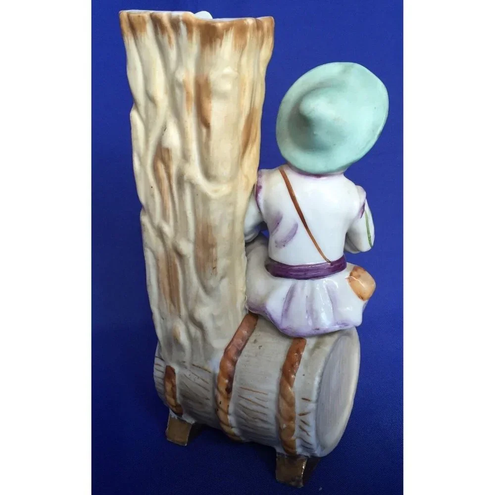 Porcelain Bud Vase Boy Figural Figurine Sitting on Water Barrel Bisque Vintage - Picture 4 of 11